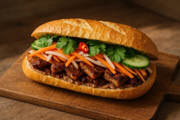 Traditional Vietnamese Banh Mi with Vegetables and Cilantro. AI Generative.
