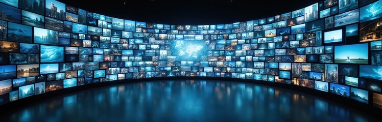 Wall of numerous glowing screens displays diverse content in a dark room. Modern media mosaic showcases digital information and entertainment on many monitors.