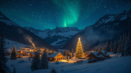Cinematic Winter Night Landscape &ndash; Aurora Christmas Village Under the Stars
