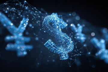 Digital dollar and yen currency symbols formed from glowing points and network connections, conveying financial technology and global money exchange concept, blue color scheme