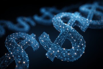 A visually striking, digitally rendered conceptual representation of a blockchain connection, shown as luminous dollar signs against a dark backdrop creating a network effect.