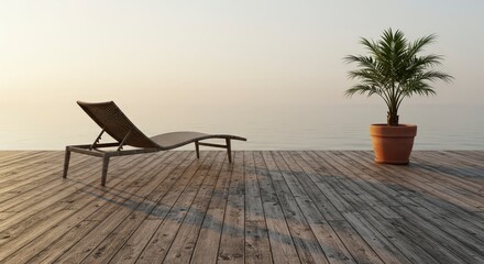 Minimalist scene with lounge chair and potted plant on wooden deck background