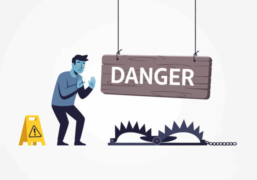 Man cautiously approaches danger sign and bear trap, warning concept.