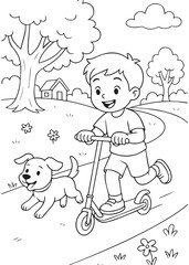 coloring book boy riding scooter with puppy running © listyo