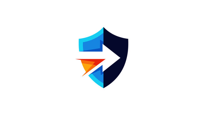 Digital security shield protecting data with a forward moving arrow indicating protection and progress.