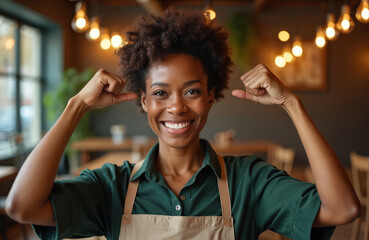 African American woman flexing biceps in cafe. Happy black waitress shows strength, empowerment. Successful girl boss posing. Small business owner demonstrates power. Woman worker smiles broadly