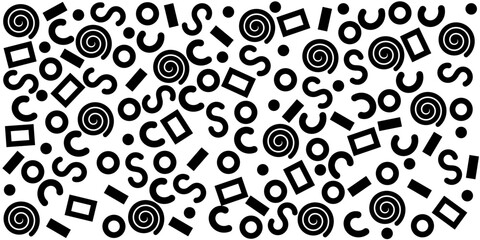 Black and white abstract pattern with spiral, circle, square, and line shapes. Modern geometric design for background, wallpaper, or digital graphic element.