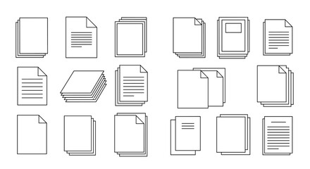 A collection of simple and clean document icons representing various paper sheets and stacks.