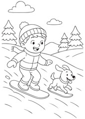 coloring book boy snowboarding with puppy in winter