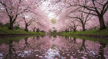 Pink cherry blossom trees over reflective water in springtime landscape