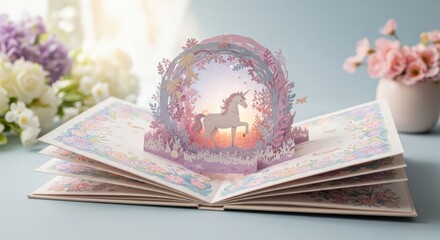 Elegant Pink Unicorn Pop-up Card with Floral Decorations on Open Book