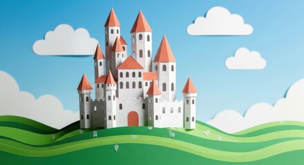 Naklejka premium Whimsical Paper Castle Model on Green Hills with Blue Sky and Clouds