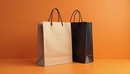 Beige, black paper shopping bags stand on orange surface. Retail purchase concept represents gift sale marketing business, commercial trade with shopping bags on background. Modern design for store