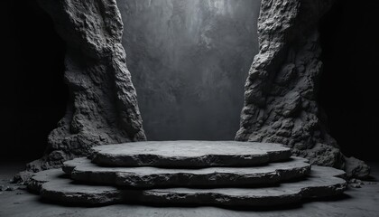 Fototapeta premium Natural layered stone display stage in dark cave. Rough textured rock pedestal for product presentation. Minimalist geometric pedestal with stone formations background.