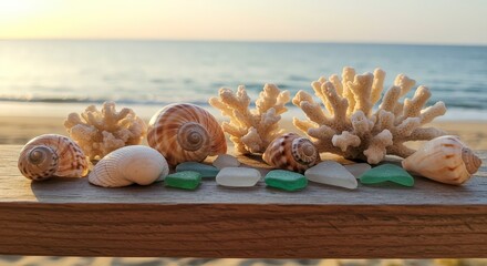 Seashells coral and sea glass on wood with ocean background summer scenery