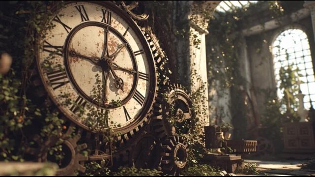 Clock gears and vegetation wall detail
