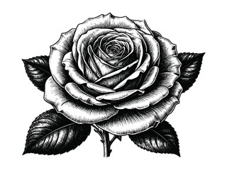 Detailed black rose line drawing showcases intricate petal textures, bold outlines, and elegant botanical style perfect for print, or decorative design projects.