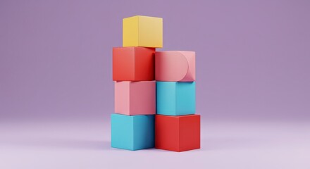 Stacked colorful cubes on purple background geometric shapes abstract design