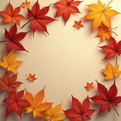 Autumn leaves scattered on neutral beige background. Colorful red, orange, yellow maple leaves arranged in circle. Leaves have different shapes, sizes. Free space for text, product display.