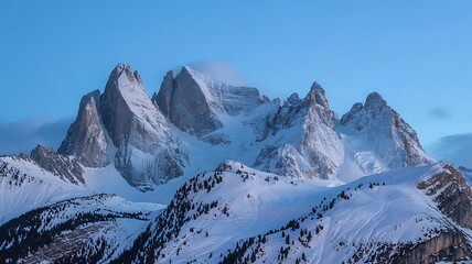 Realistic snow-covered mountain peaks under clear sky, clean minimal composition, professional travel photography