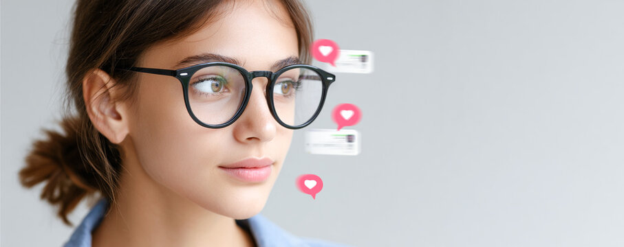 Young woman in glasses looking away with social media icons floating beside her