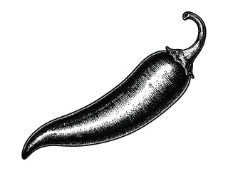 Vintage spicy pepper botanical drawing, detailed black and white engraving, perfect for cookbooks, culinary design, or educational food projects.