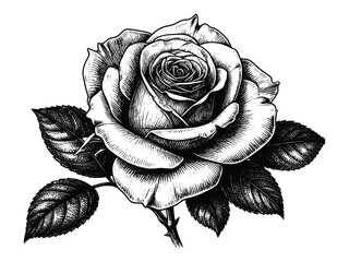 Detailed black rose flower drawing showcases intricate petals, bold shading, and classic botanical artistry in a vintage engraving style.