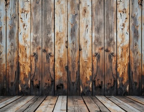 Weathered vertical wood planks form a rustic backdrop. A rough wooden floor with similar texture extends into foreground. Natural grain patterns show wear and age.
