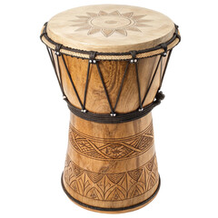 African djembe drum with intricate carvings, isolated on transparent background