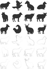 Vector art of silhouette collection of farm animals, featuring sheep, birds, horses, cows, donkeys, deer, and chickens in black and white silhouette