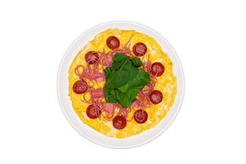 Top-down transparent PNG of omelette with sliced salami, sucuk, and arugula on a white round plate, ideal for breakfast menus and culinary designs.