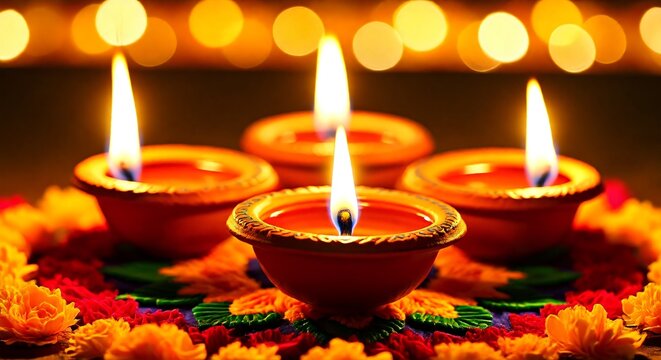 A beautiful arrangement of four lit clay diyas on a colorful rangoli with marigold flowers, celebrating the Hindu festival of Diwali with a warm glowing bokeh lights background