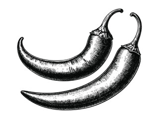 Vintage chili pepper ink drawing showcases detailed shading, botanical accuracy, and classic engraving style for culinary, educational, or decorative purposes.