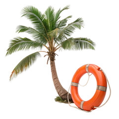 A bent palm tree with a life preserver isolated on transparent background
