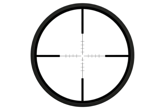 Sniper scope view with black crosshairs and measurement marks isolated on a transparent background