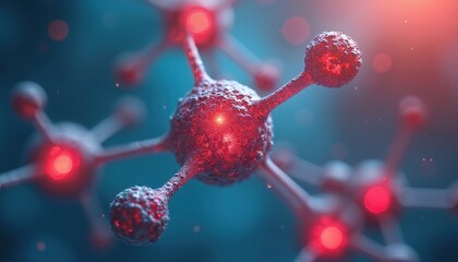 Red molecular structure with glowing connections on blue background. Atoms and particles form a network. Science and technology concept. Molecular model with light effects.