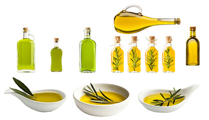 Assorted glass bottles filled with golden olive oil and fresh herbs or leaves, isolated on white background, concept of natural cooking