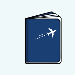 Stylized illustration of a blue passport with a white airplane icon symbolizing international travel.