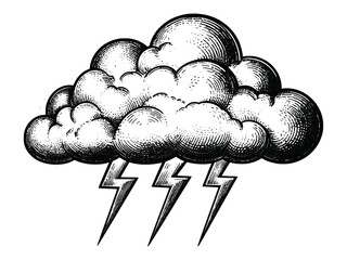 Thunderstorm cloud with lightning bolts, heavy rain, dramatic weather, vintage engraving style, isolated on white background, hand-drawn atmospheric illustration.