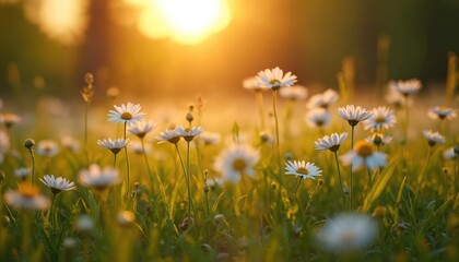 Close up daisy flowers bloom in vibrant green meadow. Golden sun shines low, creating warm soft light. Field of white blossoms bathed in morning glow. Fresh natural beauty. Spring summer landscape