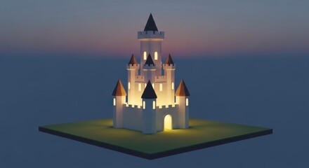 Naklejka premium Whimsical Castle Toy Model Illuminated at Dusk on Green Base