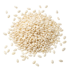 A pile of white sesame seeds scattered on a transparent background, isolated