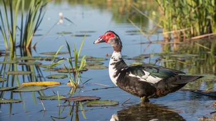 Realistic Muscovy Duck in natural wetland habitat, red facial caruncles, black and white feathers, standing in shallow water with reeds and lily pads, wildlife photography
