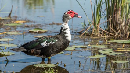 Realistic Muscovy Duck in natural wetland habitat, red facial caruncles, black and white feathers, standing in shallow water with reeds and lily pads, wildlife photography