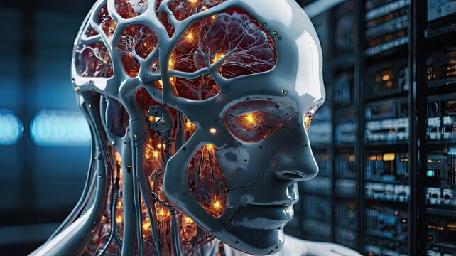 Futuristic cyborg head concept with glowing lights and intricate network design for AI, technology, and advanced research projects, a modern sleek innovation