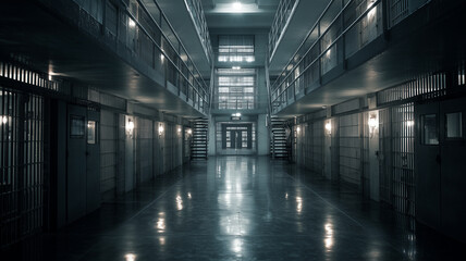 Jail, prison main hall with multiple cells