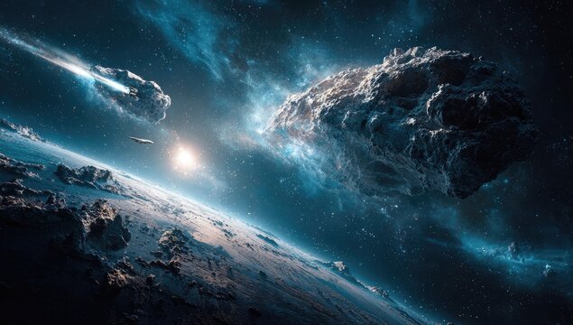 Space vista asteroids orbit a blue planet in outer space - Powered by Adobe