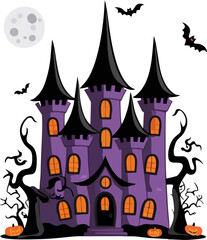 Purple Halloween Witch Castle Vector Illustration, Spooky Haunted Mansion with Bats, Moon, Pumpkins, and Twisted Trees
