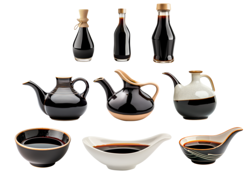 Various soy sauce bottles, ceramic pourers, and dipping bowls isolated on a white background. Concept of condiment variety