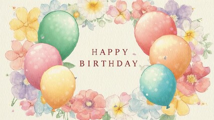 Cute happy birthday background video. Happy birthday text with balloons and flowers. - Powered by Adobe